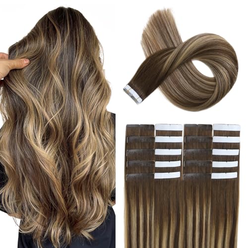 XDhair Extension Cheveux Naturel Adhesive,20pcs/50g Brun Chocolat à Blond Miel Extension Cheveux Naturel Adhésif Colored Remy Tape in Hair...