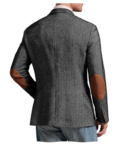 Men's Herringbone Tweed Blazer with Elbow Patches Vintage 2 Button Slim Fit Classic Business Suit Jacket