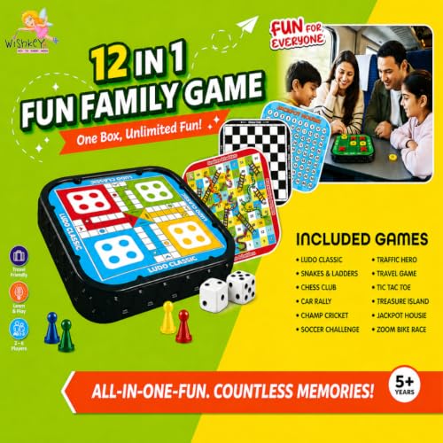Image of Wishkey 12 in 1 Family Board Games for Kids 5+ Years Travel Board Game Set with Ludo, Snakes & Ladders, Chess, Tic Tac Toe, Housie & 7 More Games Educational Indoor Games for Boys, Girls & Family