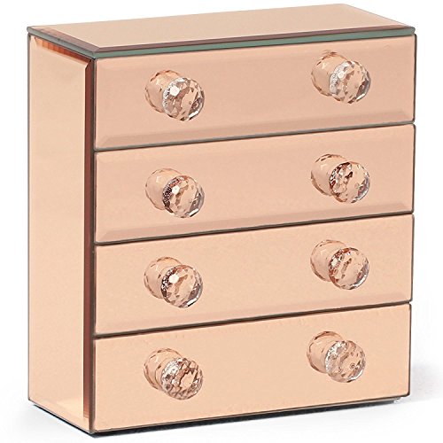Beautify Mirrored Rose Gold Glass Jewelry Box with 4 Drawers, Glass Cleaning Cloth and Crystal Handles