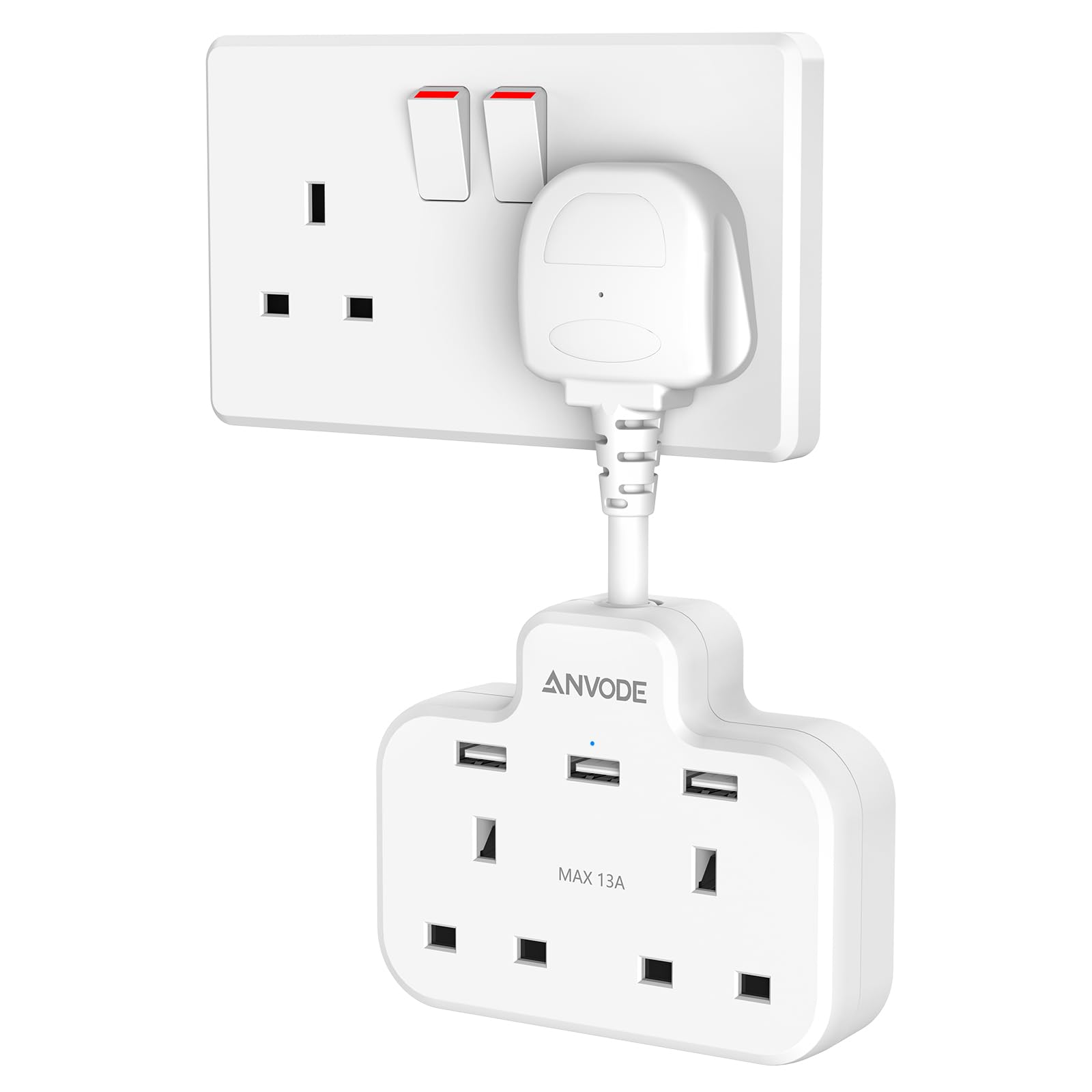 Double Plug Adaptor with USB, 2 Way Wall Adapter with Short Extension Lead, Multi Plug Socket Extender For Home Office (White)