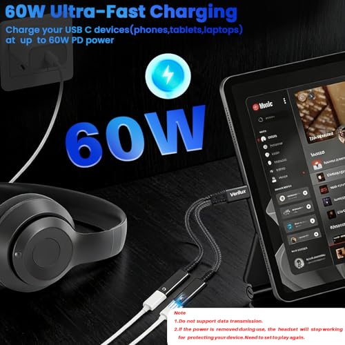 Image of Verilux 2 in 1 Type C to C Audio & Charging Connector, PD 60W Type C to C Cable Fast Charging with Simultaneous Wired Headphone Connection for iPhone 17 /17 Pro /17 Pro Max /16 /15 Series