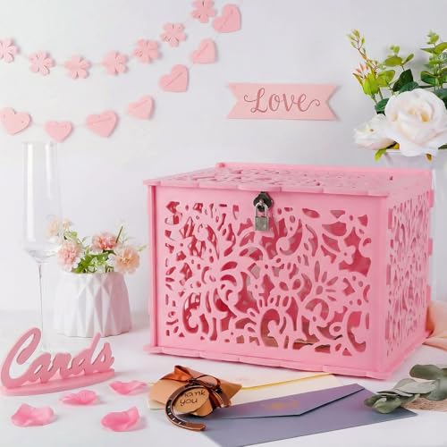 Image of OurWarm Pink Wedding Card Box with Lock, PVC Card Boxes for Gift Cards, Elegant Wedding Decorations for Reception Money Honeymoon Fund Gift Box for Bridal Baby Shower Decorations Party Events