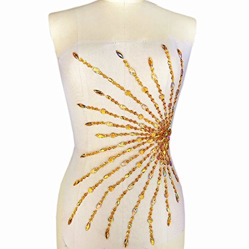 Grand patch brodé strass jaune AB 25x47cm applique souple à coudre pour textile