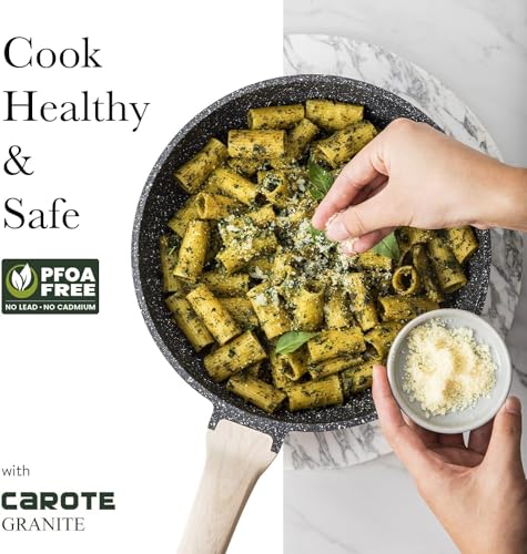 Image of CAROTE Induction Frying Pan, 28 cm Saute Pan with Lid, Non-Stick Coating for All Heat Sources Including Induction, PFOA Free, Wok for Everyday Cooking