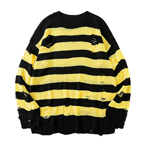 BXCNCKD Gothic Men's and Women's Sweater Ripped Striped Knit Sweater Men and Women Loose Casual Sweater
