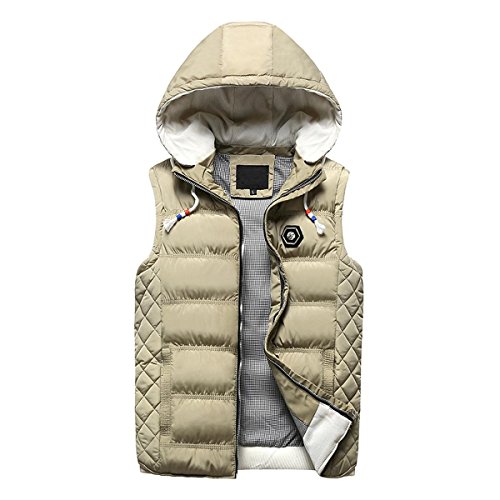 Men's Puffer Vest Active Gilet Padded Vest Men Sleeveless Jacket Removable Hooded Winter Outwear Jacket (Khaki, Medium)