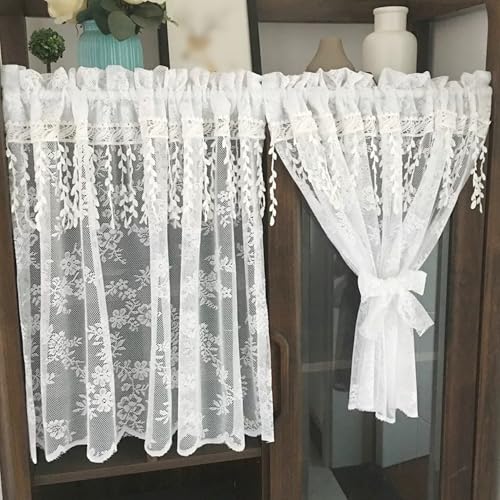 Cortinas semitransparentes blancas cortas de estilo boho floral para ventanas de salón 4