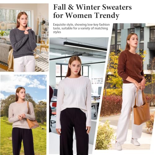 Image of Simple&Opulence Women's Long Sleeve Sweaters Cable Knit Crewneck 90% Wool 10% Cashmere Pullover Sweaters Tops Comfy