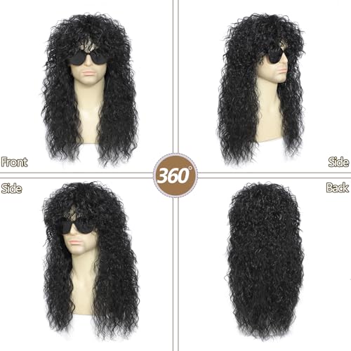 Image of Men's 80s Heavy Metal Rock Wig, Long Curly Punk Wig, Vintage Glam Rocker Mullet Wig for Halloween Party and Cosplay Cap+Sunglasses+Comb (Black)
