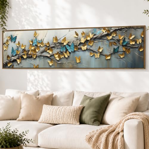 Image of Large Canvas Painting Panel Framed Wall Painting Blue and yellow Butterfly Framed Luxury Paintings for Home Decoration, Living room, Bedroom and Office Decor (Gold, 13x47 Inch)