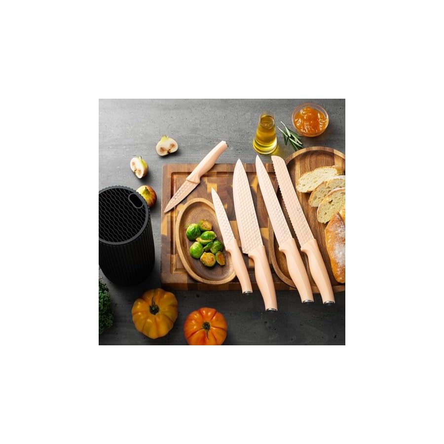 Knife Set, Mealia 6-Piece Kitchen Knife Set for Chef, Professional Non-stick Sharp Stainless Steel Knives with Universal Knife Block, Ergonomical Design, Dishwasher Safe, Pink Black