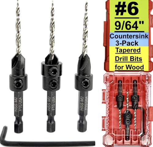 Image of FTG USA 3-Pk #6 (9 /64 inch) Countersink Drill Bit Set, 1 Stop, 1 Wrench & Case
