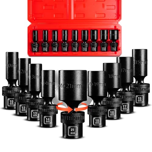 BLACKROBOT 3/8' Drive Deep Universal Impact Socket Set, 9-Piece Swivel Socket Set, Metric Flexible Wobble Sockets, 10-21mm, 6 Point, CR-MO, With Heavy Duty Storage Case