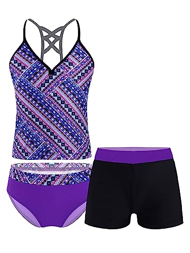 Hularka 3 PCS Kids Girls Tankini Set Floral Swimsuit Tops with Bottoms Shorts Swimwear Bechwear Bathing Suits