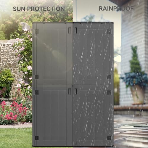 Image of YITAHOME 60 cu ft Tall Outdoor Storage Shed w /o Shelf, Resin Vertical Outdoor Storage Shed, Large Waterproof Storage Cabinet for Garage, Poolside, and Garden (Dark Gray + Black)