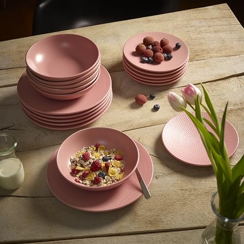 ECHTWERK Blanka Servizio da tavola vintage da 18 pezzi per 6 persone Elegante design naturale con struttura in terracotta con 6 piatti da pranzo, 6 piatti da dessert, 6 piatti fondi, rosa - immagine 6