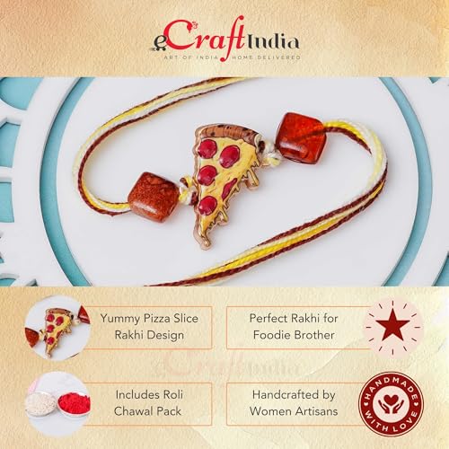 Image of eCraftIndia Pizza Slice Rakhi for Brother with Gift Combo Set Hamper | Raksha Bandhan Rakhis for Kids Bhai Bhaiya | Best Bro Ever Fridge Magnet | Roli Chawal Pack