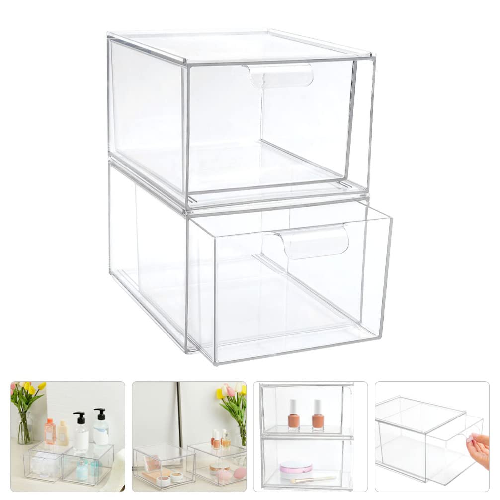 2 cajones organizadores de maquillaje acrílicos apilables – Almacenamiento transparente de cosméticos para tocador, suministros de oficina, baño y hogar – Solución versátil de almacenamiento de