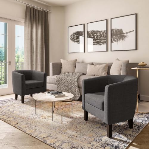 Image of BELLEZE Living Room Chairs Set of 2, Linen Round Accent Barrel Chairs, Club Tub Sofa Chairs for Bedroom, Corner Chairs with Flared Legs and Cozy Soft Padding - Highland (Gray)