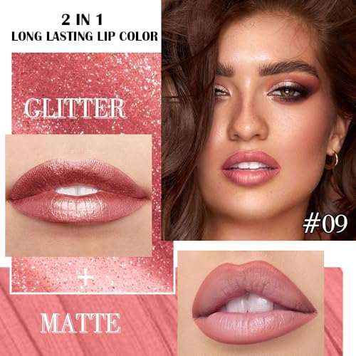 Image of evpct Pine Red Metallic Glitter Lip Liner and Lipstick Combo Lip Gloss Stain Set Makeup for Women Long Lasting Waterproof 24, Warm Pink Metallic Shimmer Frosted Iridescent Shiny Liquid Lipstick 09