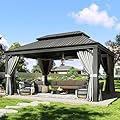 Aoxun 12' x 16' Permanent Hardtop Gazebo with Galvanized Steel Double Roof and Aluminum Frames Outdoor Large Pavilion Gazebo for Patio Deck Garden, Nettings and Curtains Included, Gray