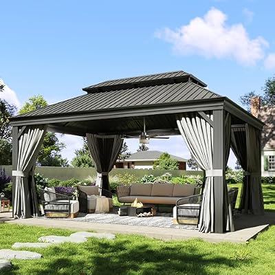 Aoxun 12' x 16' Permanent Hardtop Gazebo with Galvanized Steel Double Roof and Aluminum Frames Outdoor Large Pavilion Gazebo for Patio Deck Garden, Nettings and Curtains Included, Gray