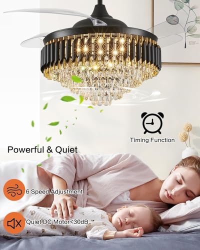 Image of 42 inch Crystal Ceiling Fan Black Gold Chandelier with Remote | Retractable Blades | LED Light (3 Color Modes) | Modern Luxury Fan Light for Living Room & Dining Fan Chandelier