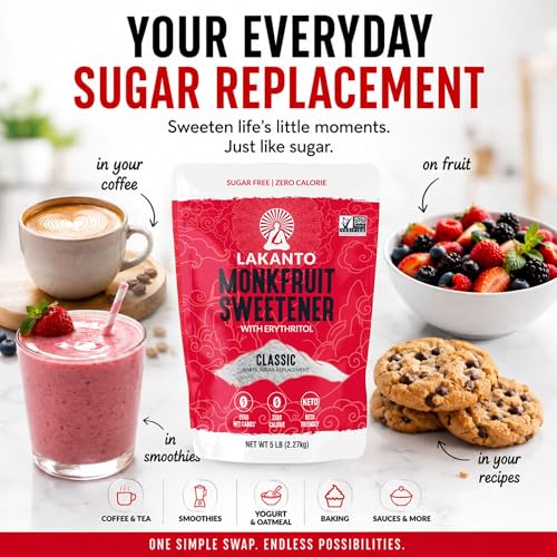 Image of Lakanto Classic Monk Fruit Sweetener with Erythritol - White Sugar Substitute, Zero Calorie, Keto Diet Friendly, Zero Net Carbs, Baking, Extract, Sugar Replacement (Classic White - 1.76 lb Pack of 3)