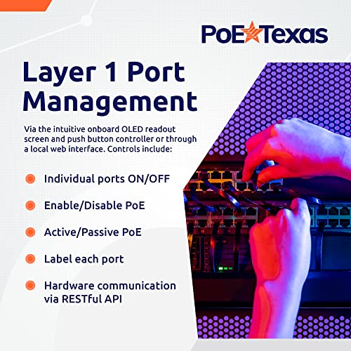 PoE Texas - Inyector PoE Gestionado 24 Puertos 802.3bt - Adaptador Gigabit Power Over Ethernet con 48 Voltios, 240 Vatios - 80 Vatios por Puerto para Iluminación Inteligente, Cámaras PTZ y NDI miniatura 5