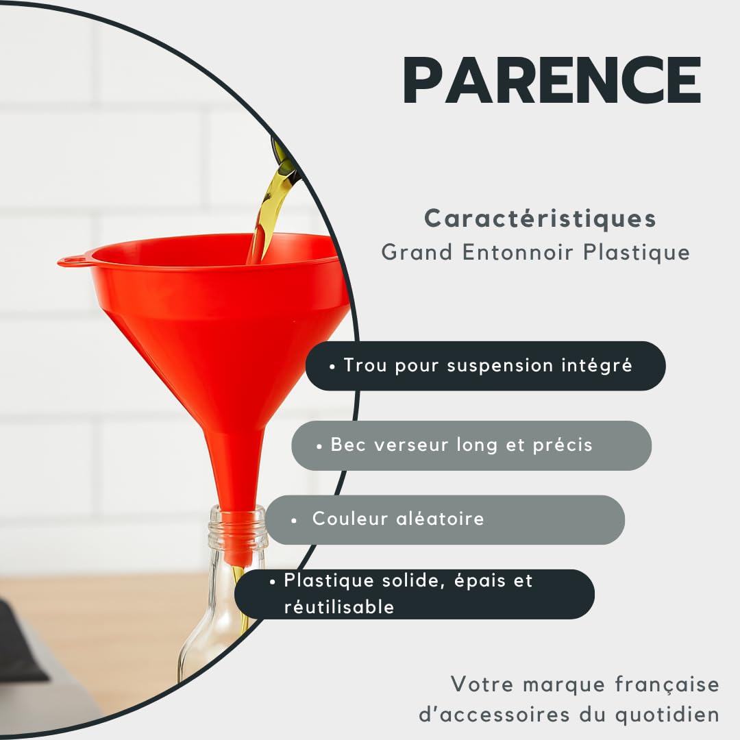 PARENCE.- Grande imbuto in plastica da 16 cm - beccuccio + foro per appendere - cucina, garage o imbuto per liquidi - colore casuale (rosso, blu, verde, arancione)