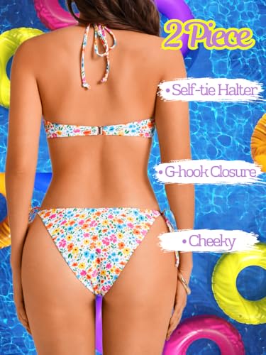 Underwire Push-Up Cute Floral Bikini Sets for Women&Teen Girls, String Halter Top&Cheeky Side-Tie Bottom 2 Piece3