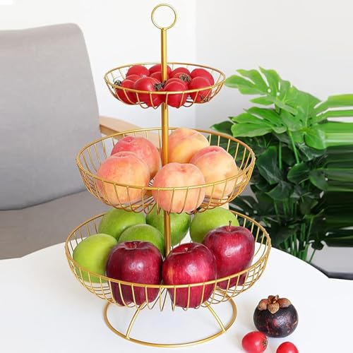 Cestino Portafrutta A 3 Ripiani In Metallo - Nero/Oro, 47cm Altezza - Per Frutta, Verdura, Snack - Foto 3