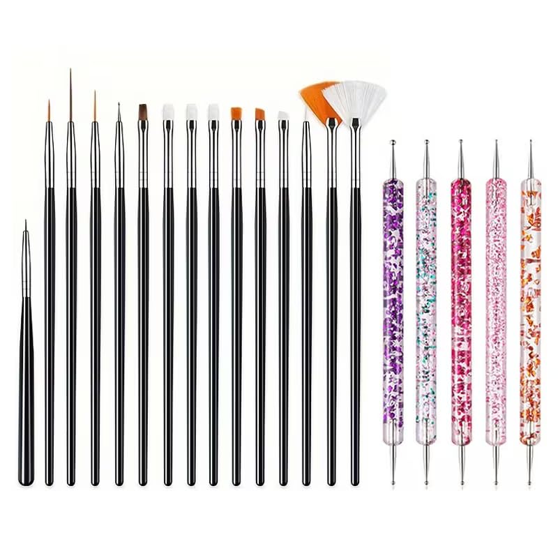 20pcs Nail Art Brush Set Professional Nail Design Brushes for Gel Polish, Acrylic Painting, Dotting and Carving, Flat Fan Liner Detail Nail Brushes Manicure Nail Tools Kit