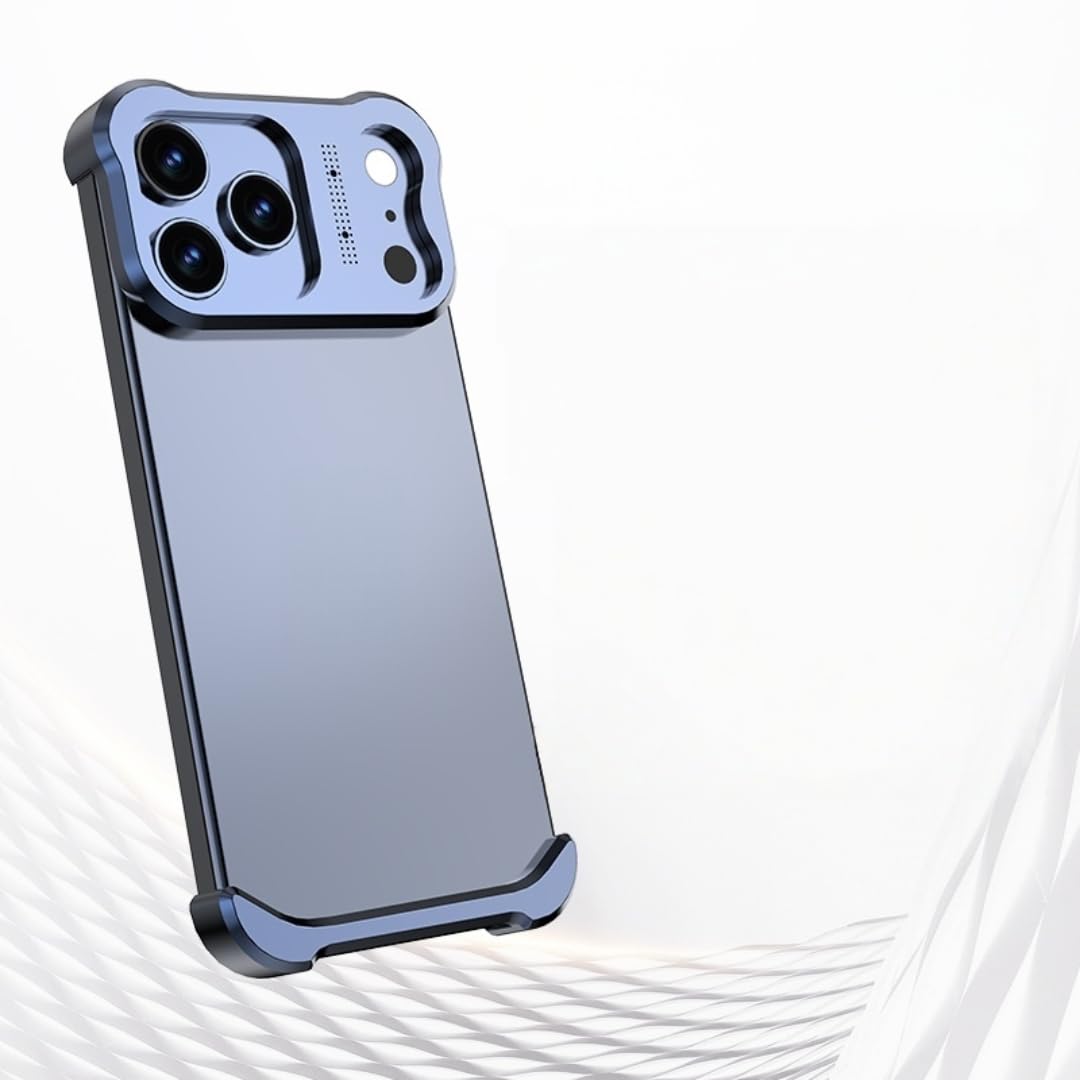 Paraurti di lusso irregolare in lega di titanio per iPhone 17 Pro Max 16 15 14 Plus Air 13, protezione per l'obiettivo senza bordi, cover protettiva in metallo traspirante (per iPhone 13 Pro/Blu)