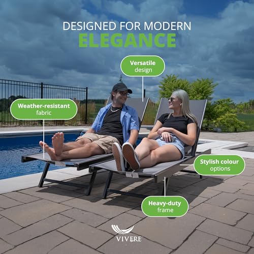 Image of Vivere Set of 2 Aluminum Outdoor Chaise Lounge Chairs, Urban Sun Adjustable Reclining Patio Loungers, Lay Flat Tanning Chairs with Sling Seat, Black