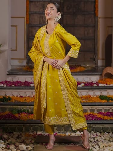 Image of INDO ERA Women's Embroidered Silk Blend Calf Length Straight Kurta Pant And Dupatta Set (KH9MR6194)