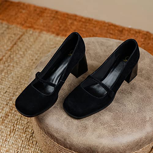 SHODENSE Women High Chunky Heel Pumps Slip On Closed Square Toe Suede Loafers Ankle Strap 2.5 Inch Thick Block Heels Dress Shoes Office Ladies Work Mary Jane Pumps Vintage Wedding Party 4-11 M US3