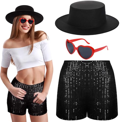 Clovilet 3 Pcs Halloween Singer Costume Black Bowler Hat Heart Sunglasses and Shorts for Costume Party (Large)