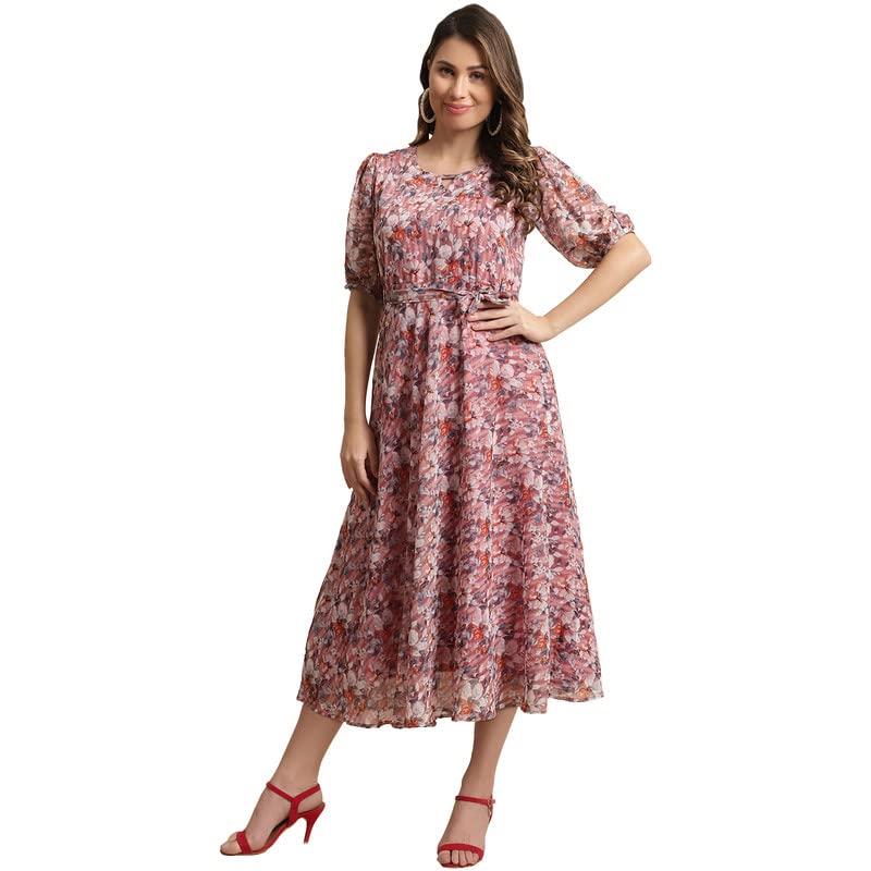 Preneum Women Fit & Flare Latest Style Print Georgette Regular Sleeves Casual Summer Maxi Dress | Festival & Occasion, Peach, S