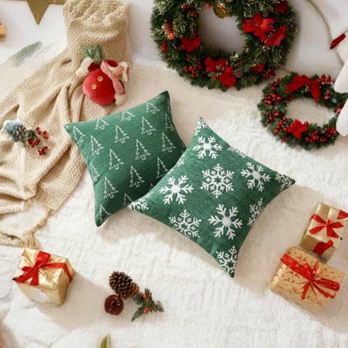 Image of Soft Chenille Christmas Pillow Covers 20x20 Set of 2, Reversible Snowflake & Tree Pattern, Thick & Cozy Farmhouse Holiday Decor Cushion Cases with Hidden Zipper for Sofa Couch Bed(Green,20x20)