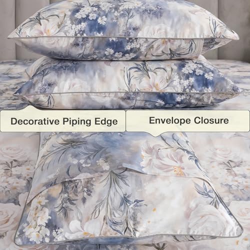 Image of Vintage Floral Percale Sheets King Size Deep Pocket, White & Blue | 100% Cotton Soft Crisp Toile Sheet Set, Shabby Chic Flower Bed Sheets, Cottage Core Bedding, Botanical Print, Farmhouse, 4Pcs