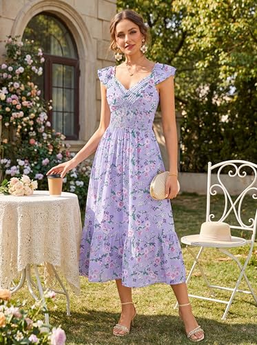 Image of GRACE KARIN Women's Summer Floral Maxi Dress 2026 Ruffle Sleeve Smocked Sundress Flowy Wedding Guest Long Dresses with Pocket