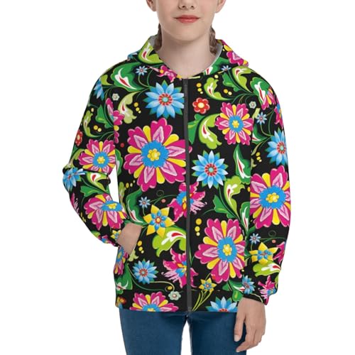 Vector Mexican Otomi Style Bright Kid Hoodies Boys Zip Up Sweatshirts Girls Pullover with Pocket3