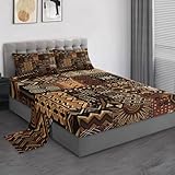 Pamnest Queen Size Bed Sheet Sets, Tribal Abstract Soft Microfiber 4 Pcs Bedding Sets for Kids and Adults Bedroom Bed Decor, African Vintage Floral Flat, Fitted Sheet and Pillowcases