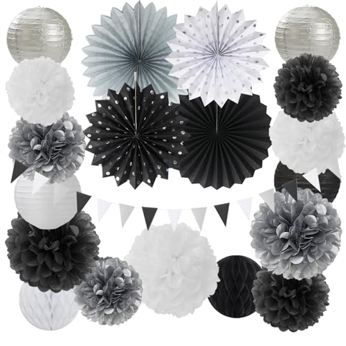 Image of Black White Silver Party Decorations - 20pcs New Year Men Birthday Paper Lanterns Fans,Tissue Pom Poms,Honeycomb Balls,Bunting,Wedding Bachelorette Bridal Graduation Baby Decor Burgleda