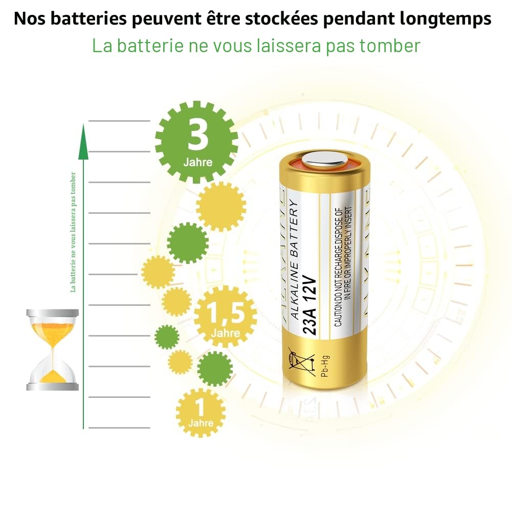 Piles 23A 12V A23 12 Volts Alkaline Batterie A23S MN21/23 L1028 V23GA LRV08 8LR932,Lot of 10, sans Mercure, Haute Performance [3 Ans Garantie]