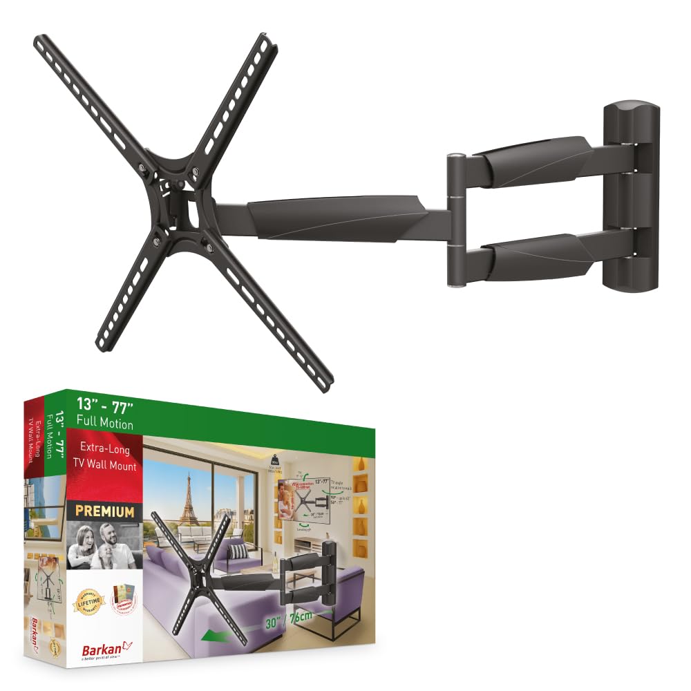 Barkan Supporto da parete per TV lungo 76 cm, orientabile da 13 a 65 pollici, inclinazione e movimento completo piatto e curvo, può contenere fino a 36 kg, extra lungo, per LED OLED LCD, max. VESA 400