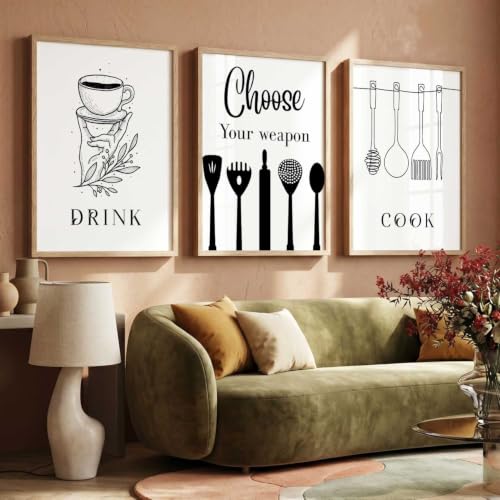 Image of HOTHOUSE Kitchen Wall Art poster With Frame For Living Room Bed Room Hotel Wall Decor Digital Reprint engineered wood Set of 3 (13X17 inch)