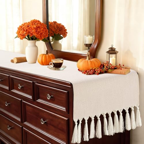 yuboo Boho Table Runner 72 inches Long, Cream Rustic Farmhouse